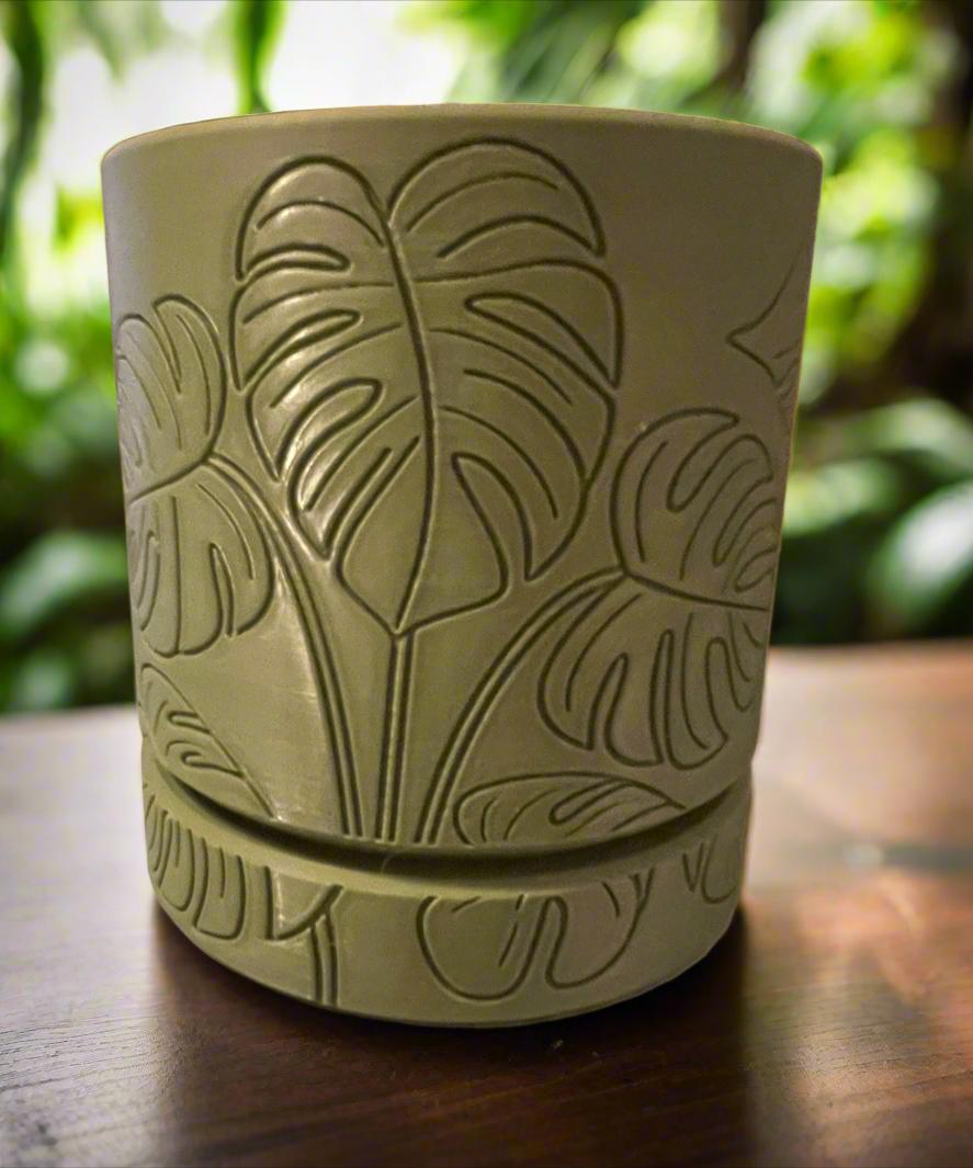 Etched Monstera Leaf Planter with Drip Tray - 3D Printed PLA